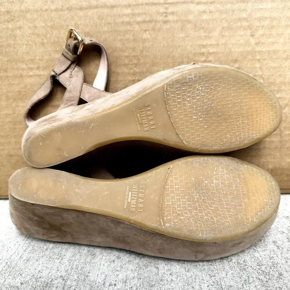 Stuart Weitzman Lockness Nubuck Sandal Tan Wedge Heels Platform Suede 7.5M